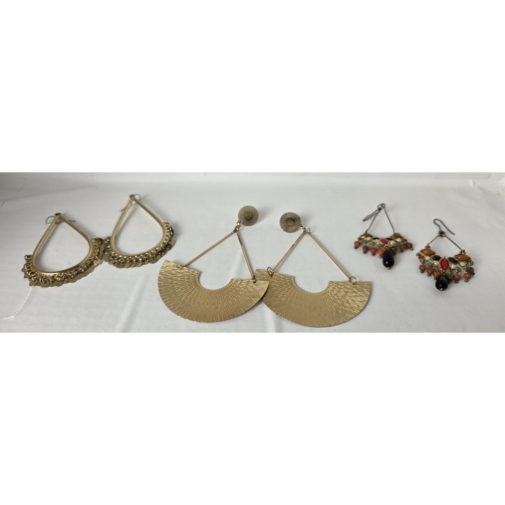 Lot of‎ 3 Pairs Boho Statement Earrings Gold Tone Fan Teardrop Beaded Chandelier